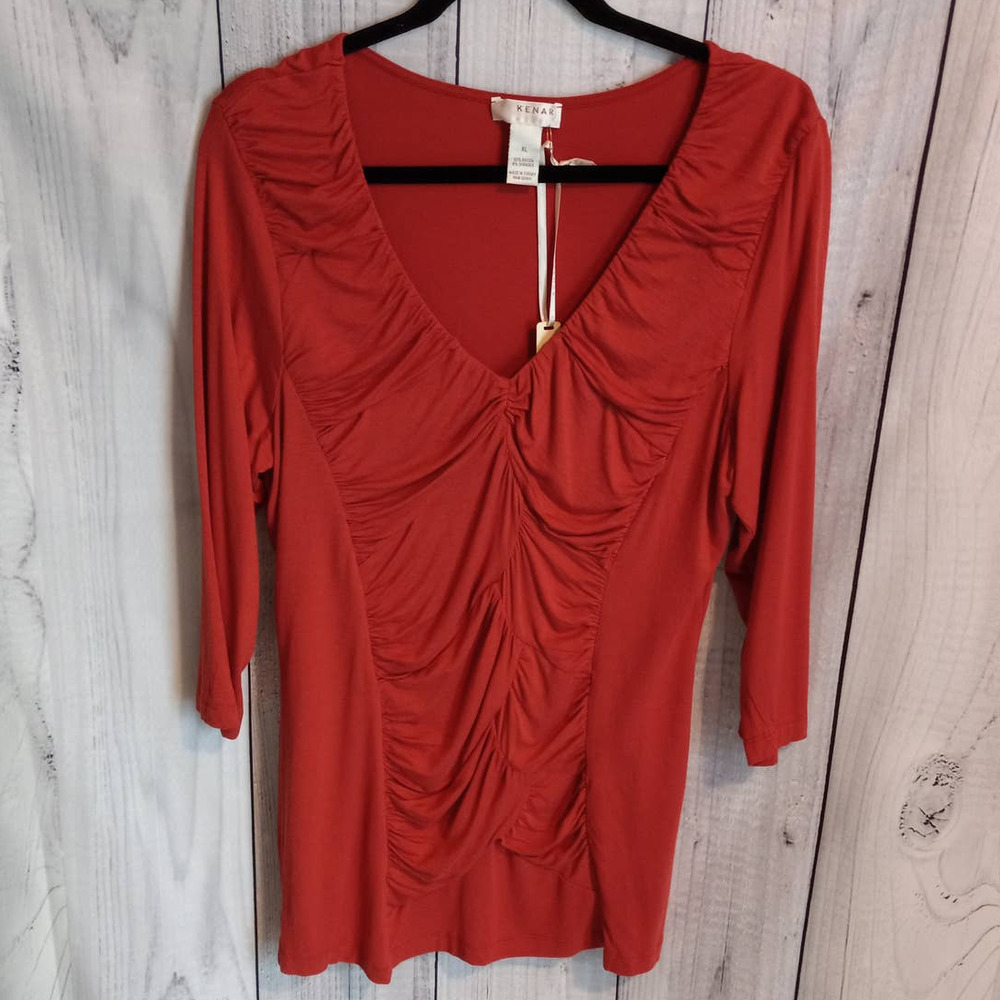 Kenar | Red Ruched Front Panel 3/4 Sleeve V-Neck Top